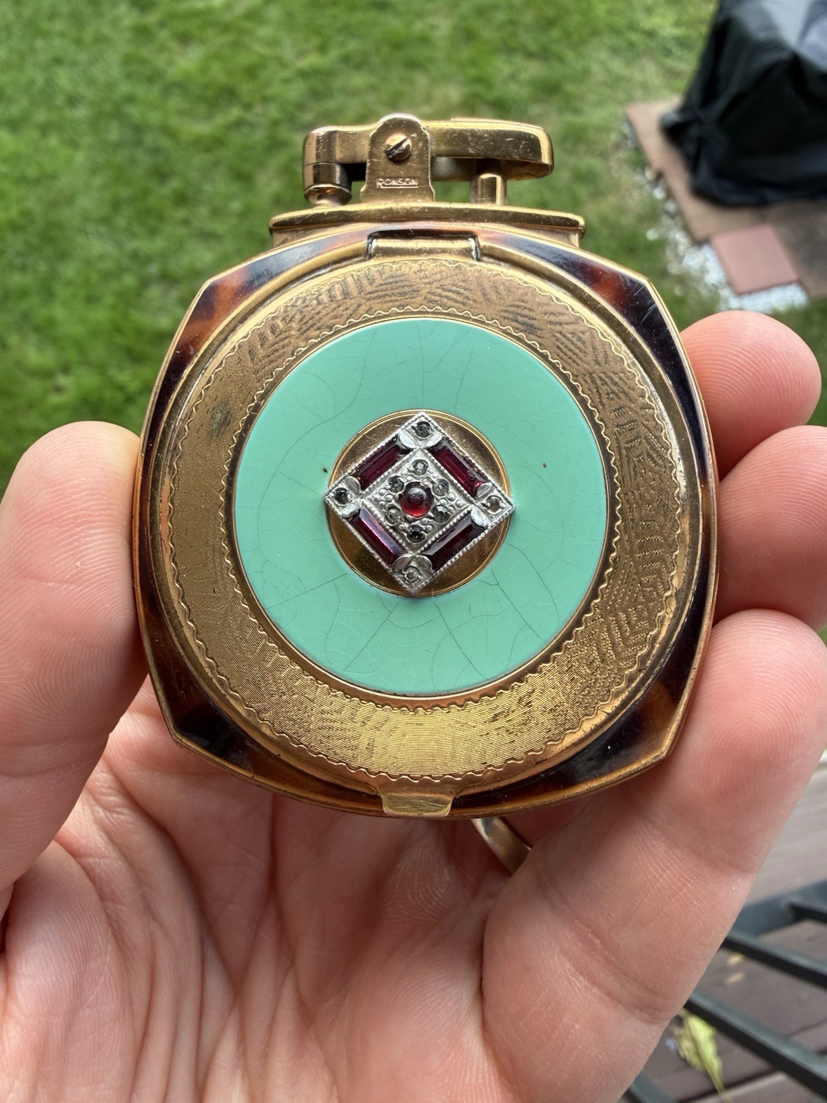 Rare Vintage Ronson Literpact Fig 106 Dureum Tortoise Enamel Rhinestone Compact
