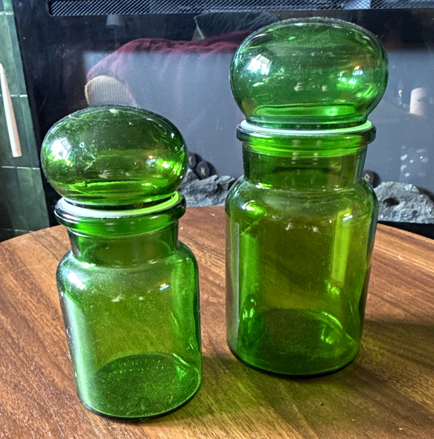 Vintage 1970s Belgian Emerald Green Glass Apothecary Canister Jars - Bubble Top