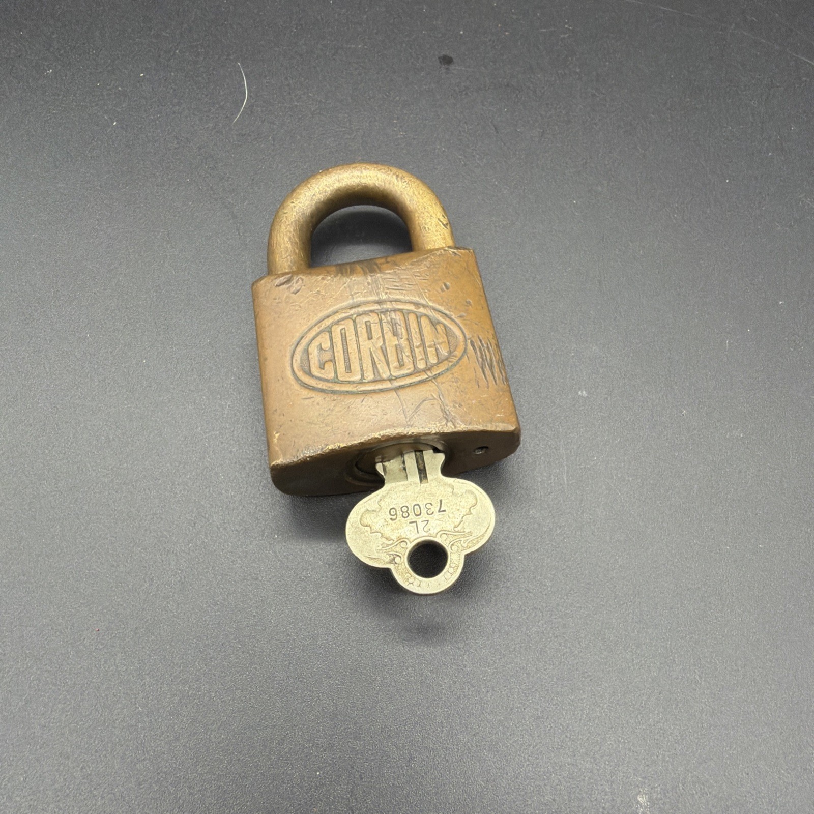 Title: Vtg 1930s Corbin Solid Brass Padlock w/Original Flat Bow Key Antique Lock