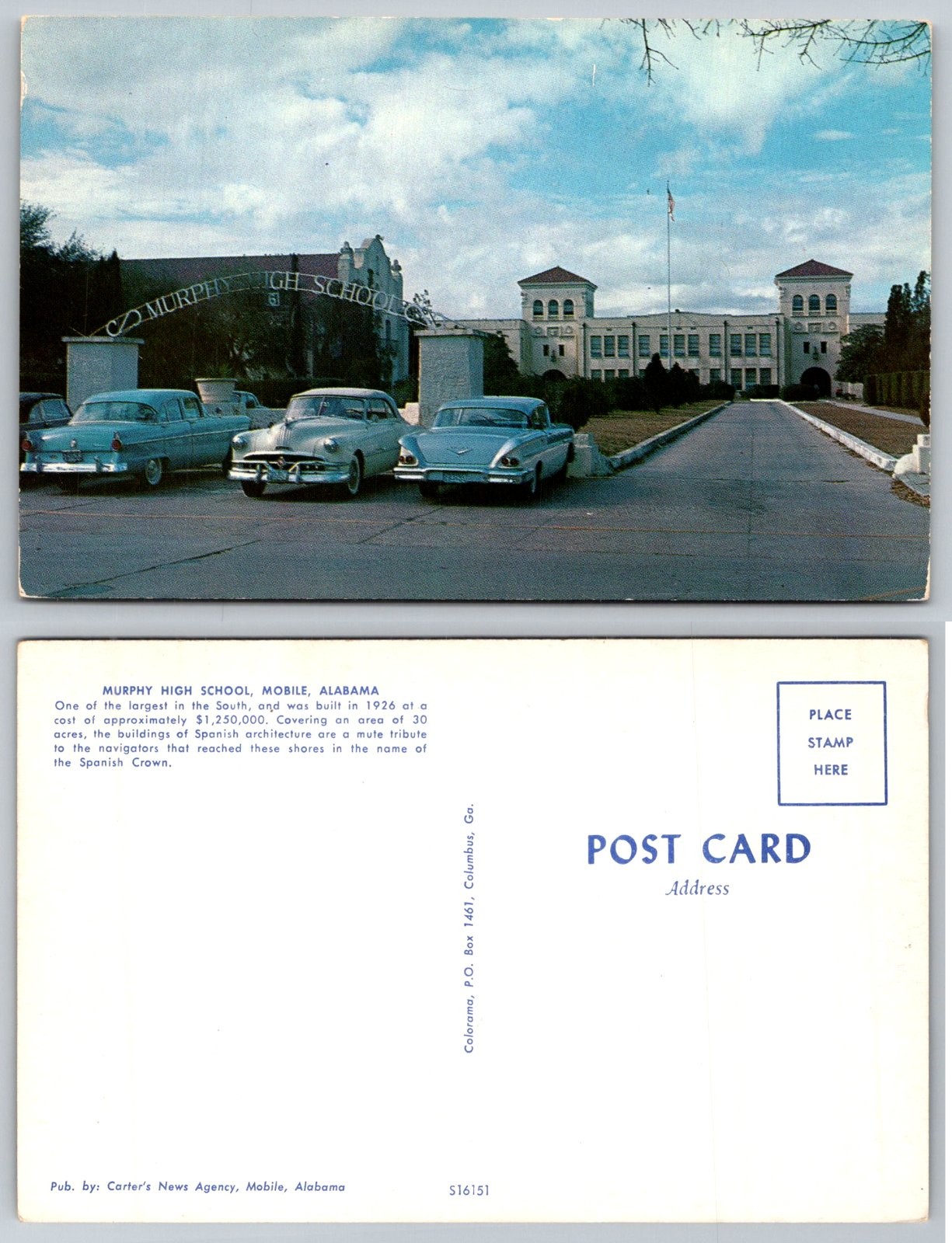 Murphy High School Mobile Alabama Spanish Architecture Vintage Cars Postcard