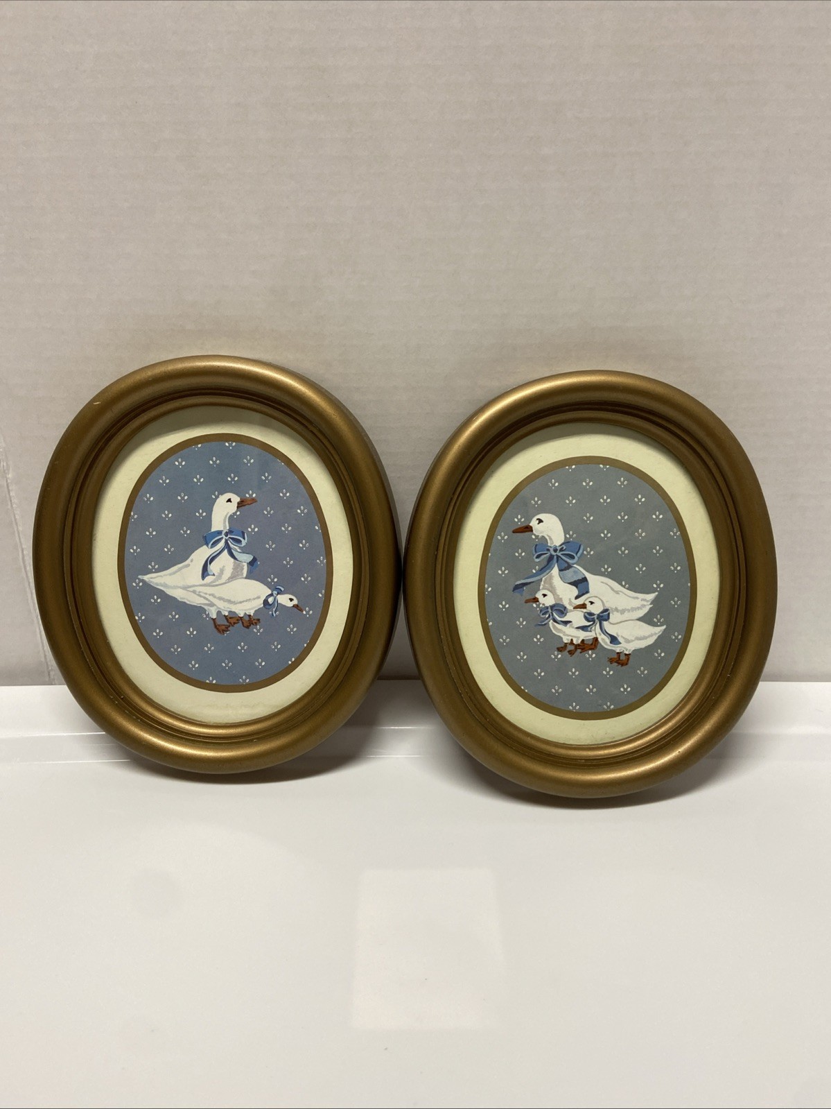 Vtg 1985 Homco Country Duck Set 2 Gold Oval Frames Blue White Goose Cottage Core