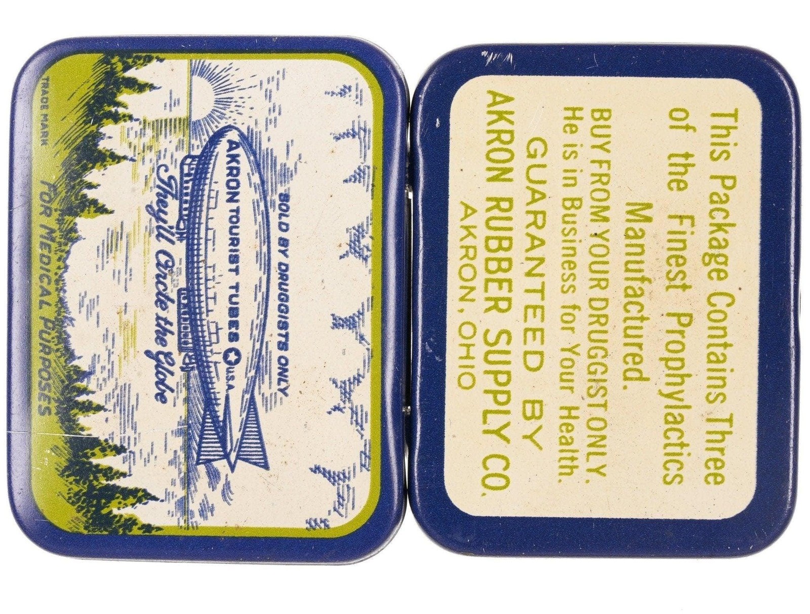 1920\'s Antique Akron tourist tubes Zeppelin Litho Vintage Prophylactics Tin