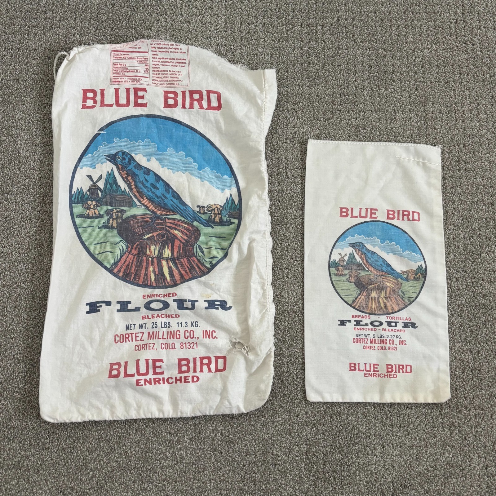 Vintage Blue Bird Flour Sacks Lot Cortez Milling Co 25 lb and 5 lb Feed Sack