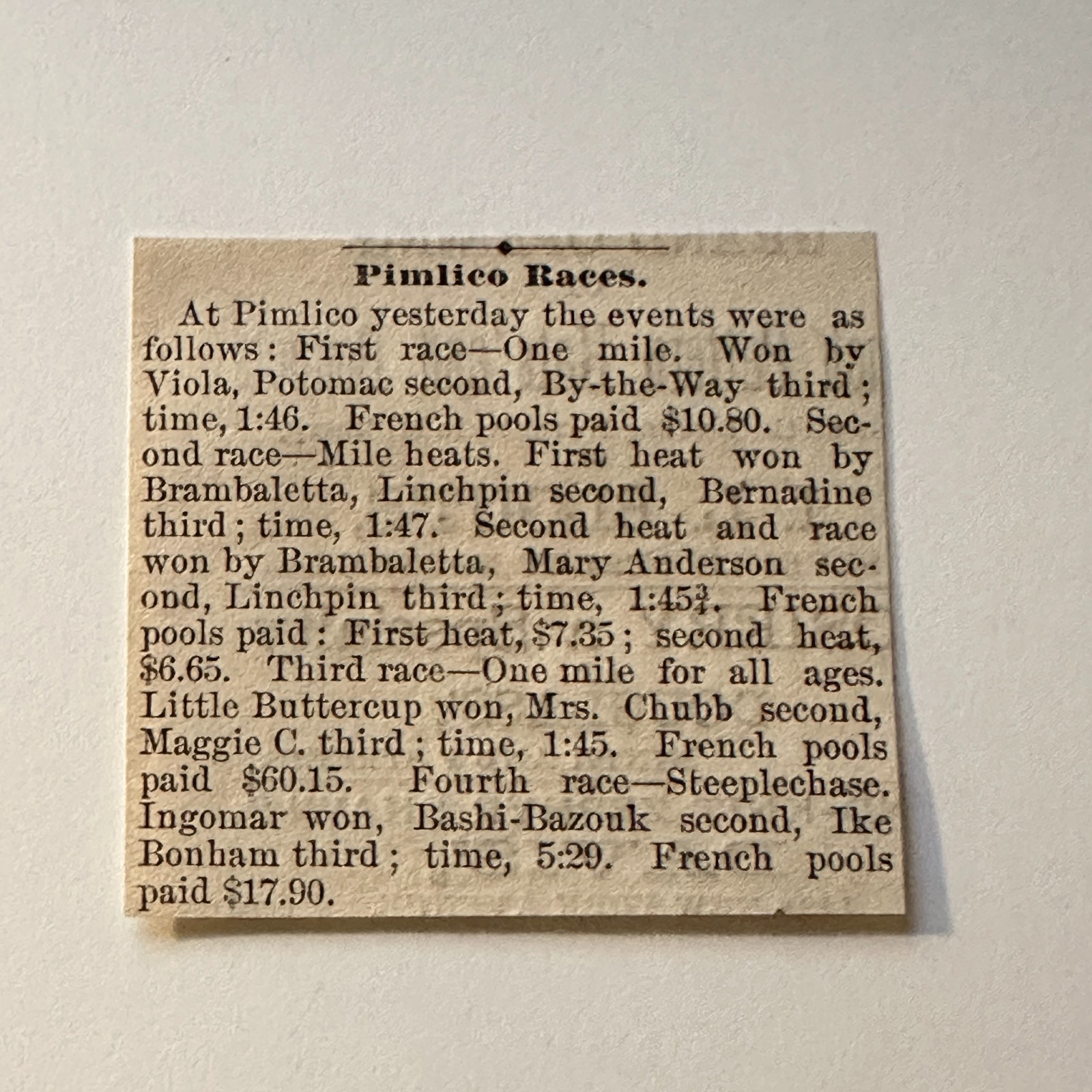 1800s Reporting On The Pimlico Races Horse Racing Results 1881 Ad 5AK9-S16
