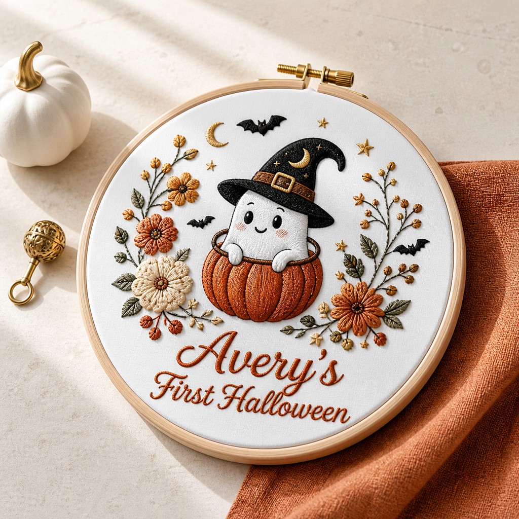Personalized Baby's First Halloween Ornament, Ghost Witch Hat Embroidery Hoo