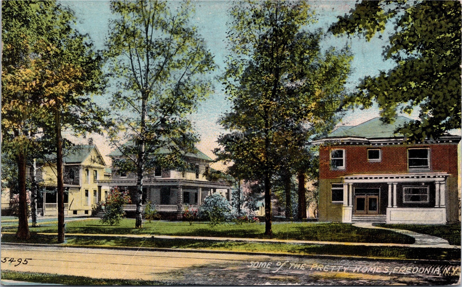 Vintage Postcard NY Fredonia Some of the Pretty Homes Streetcar Tracks 1915 S111