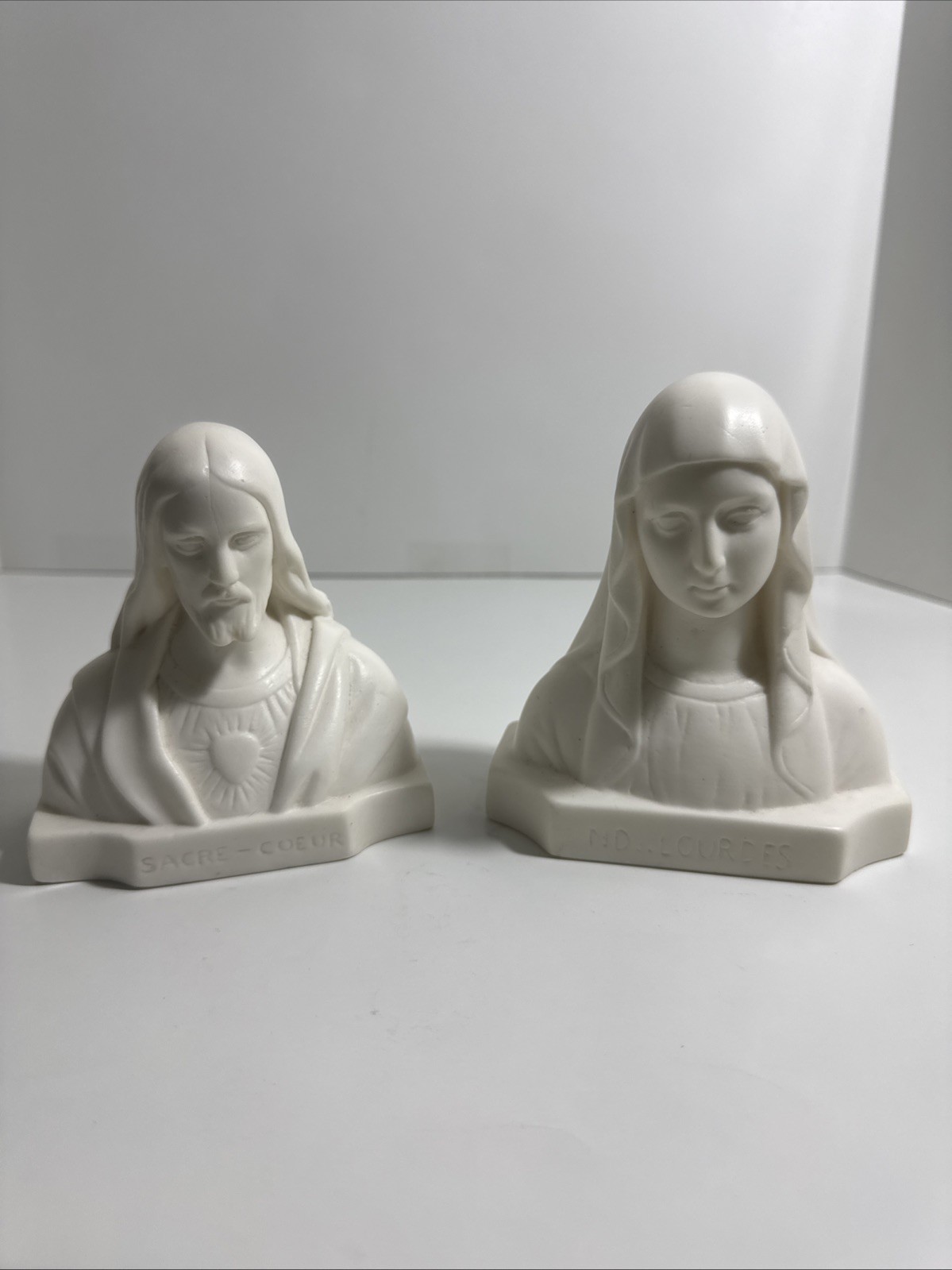 Vintage France Chalkware Jesus & Lady Of Lourdes Bust By CH. Maillard Rare 