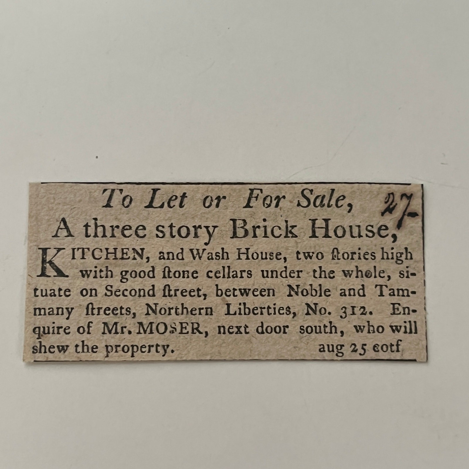 To Let Or For Sale Brick House Mr Moser 1806 Philadelphia Clipping SAJ5-S39