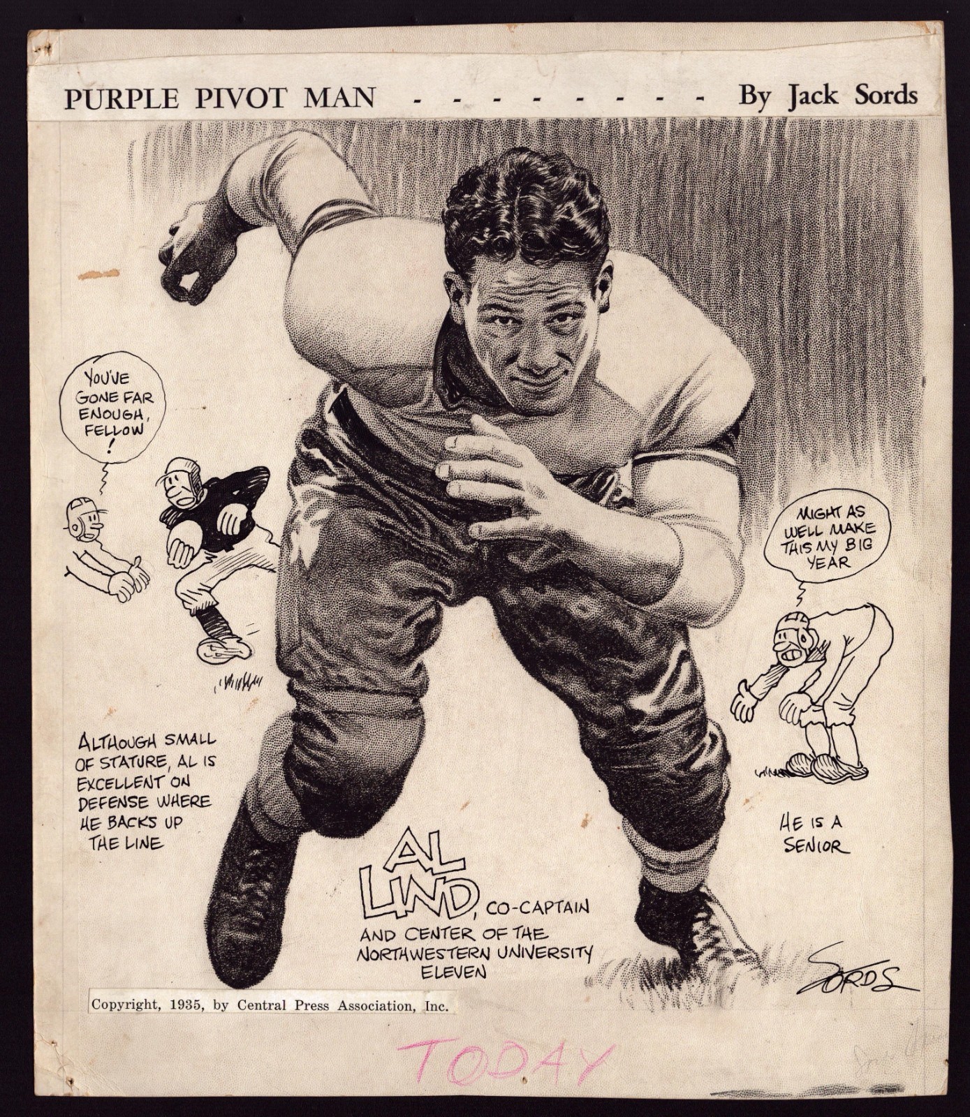 1935 Original Al Lind NORTHWESTERN UNIV. FOOTBALL Newspaper Comic Art JACK SORDS