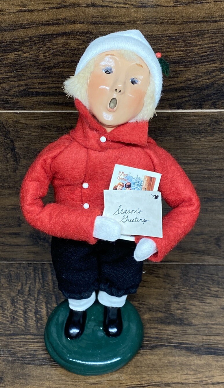 Byers Choice 2002 Signed Caroler Child Red Coat 93/100 w Postcard