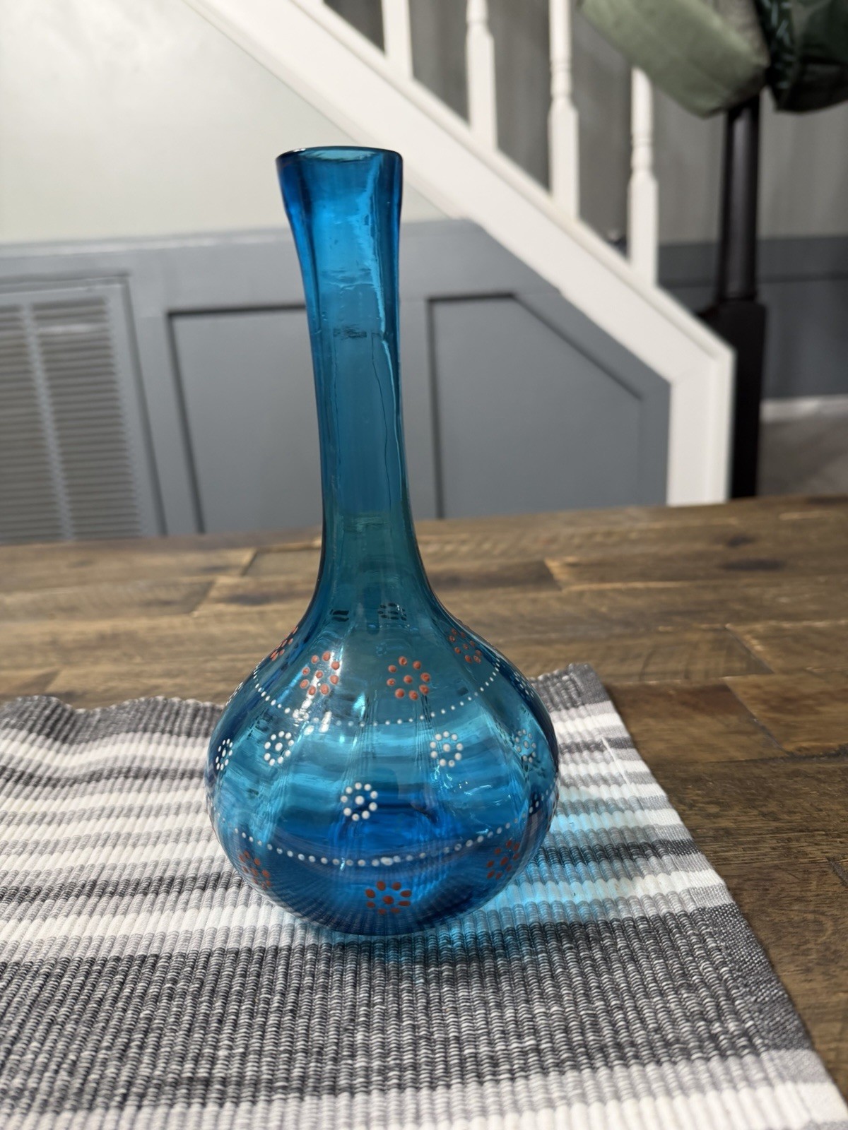 Antique Victorian Pontiled Blue Barber Bottle Vase Enameled Floral Pattern 8”