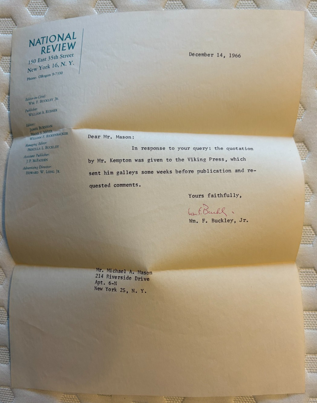Conservative Republican William F. Buckley SIGNED Letter National Review fr 1966
