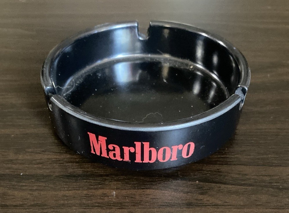 Vintage 1980s Marlboro 3 Slot Ashtray Black Melamine. Marlboro on 3 sides.