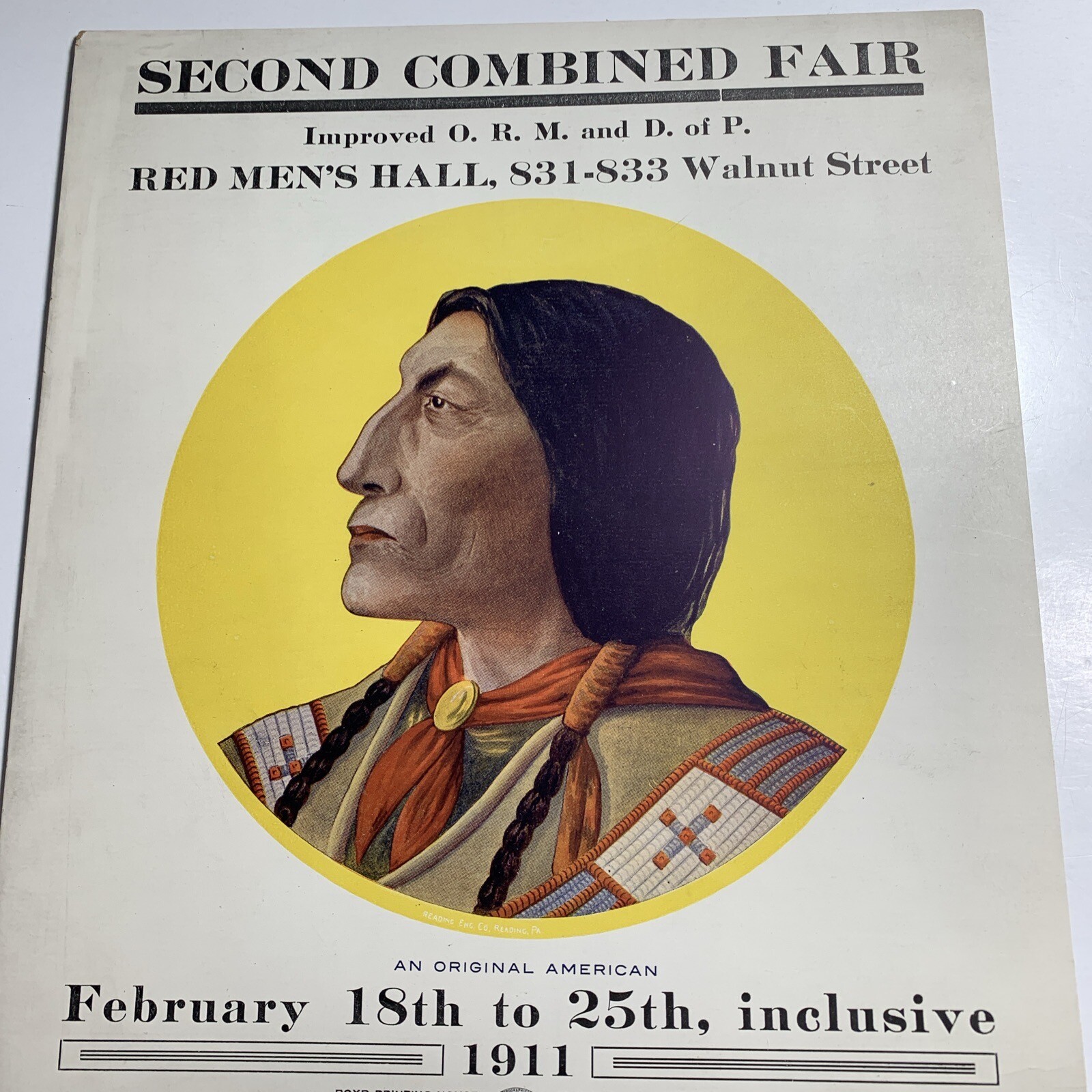 1911 Advertising Sign Fair At Red Men’s ORM l Reading Pennsylvania Native Indian