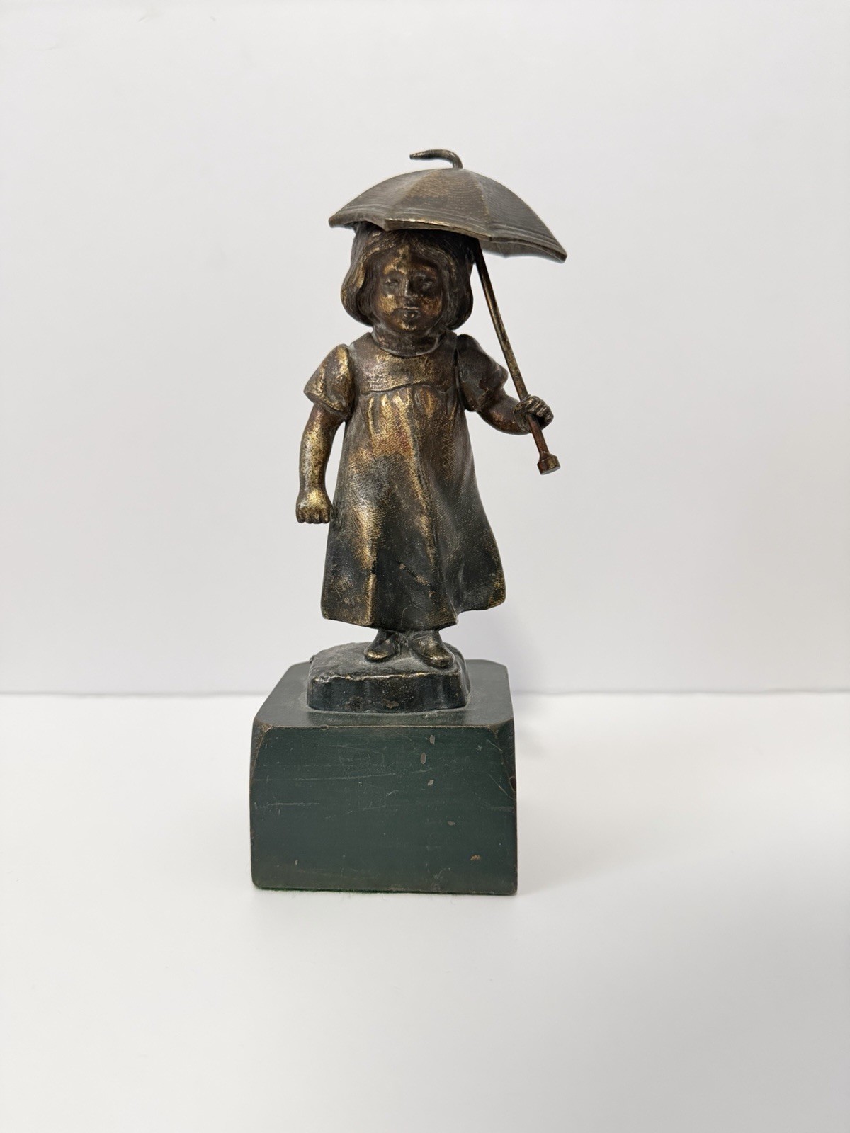 Antique Style Bronze Figurine - Little Girl with Umbrella - Vintage Collectible