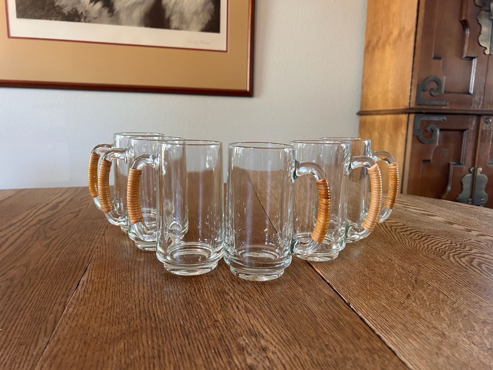 Vintage Mid-Century Rattan Wrapped Handle Glass Mugs Set of 6