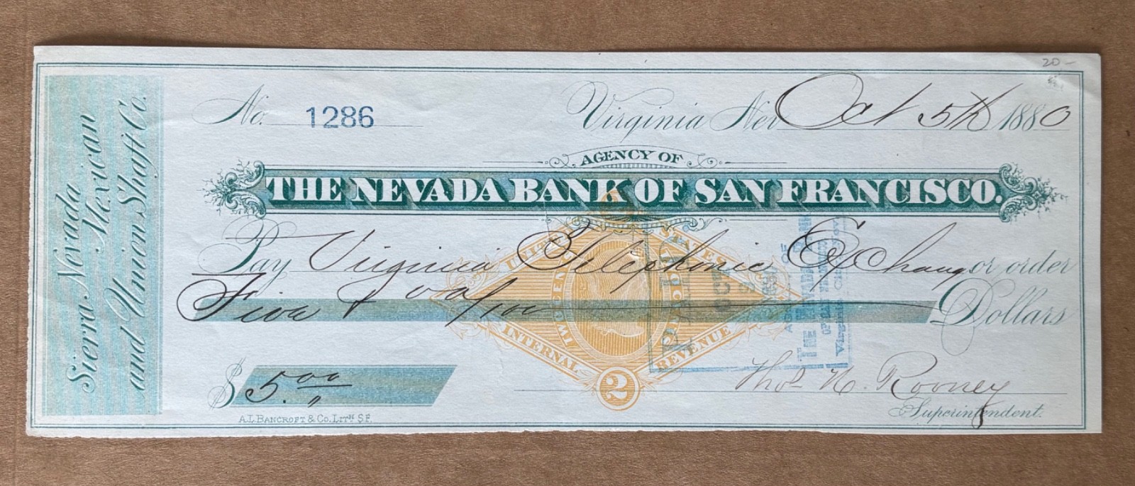 1881 Virginia City Check Sierra Nevada Mexican Union Shaft RN-G1 San Francisco