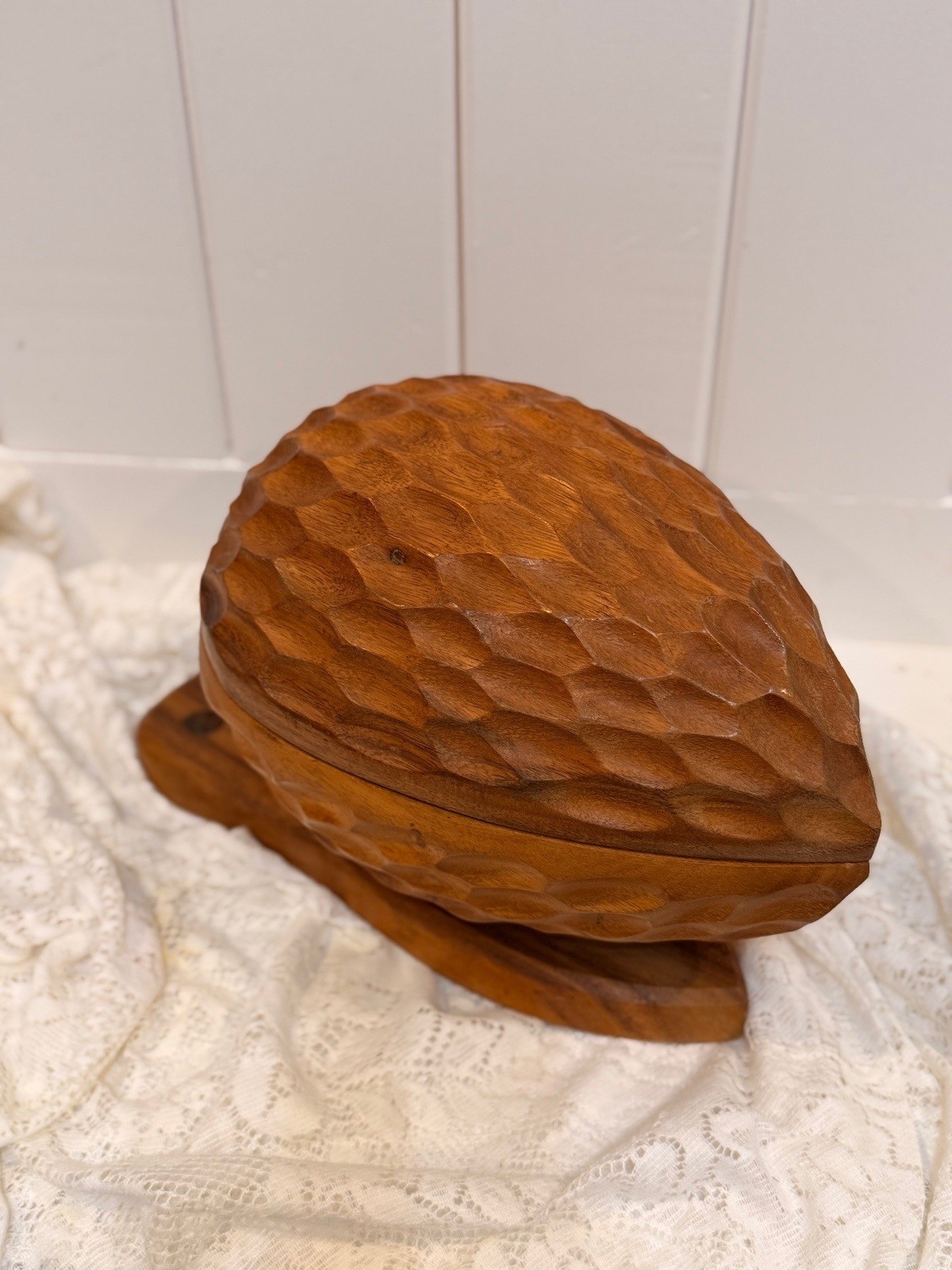 Vintage Mid-Century Modern 14 in. hand-carved wood walnut-shaped nut bowl box.