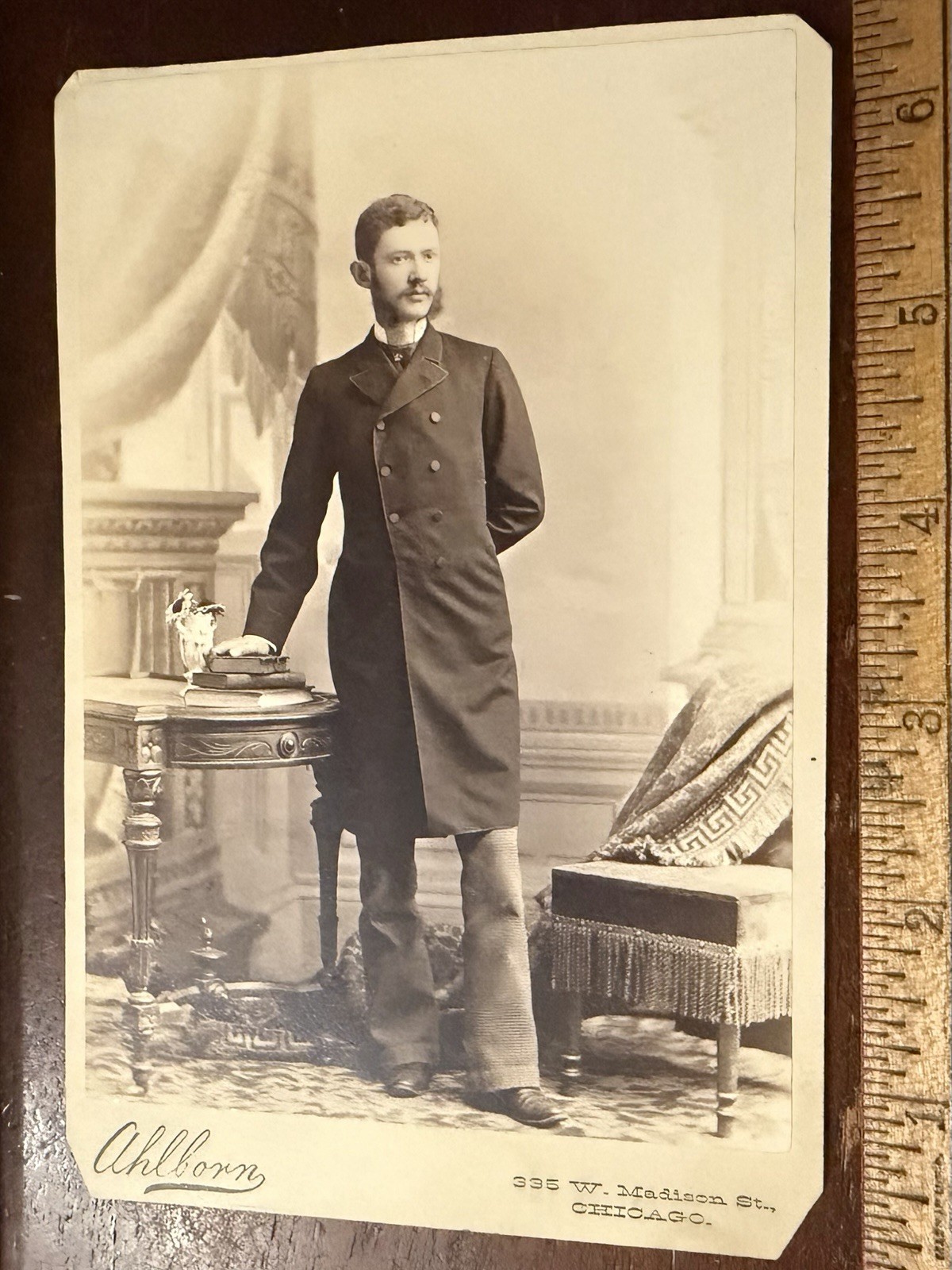 1882  Cabinet Photo Ahlborn Thin Man with 3/4 Coat and Mutton Chops by Ahlborn