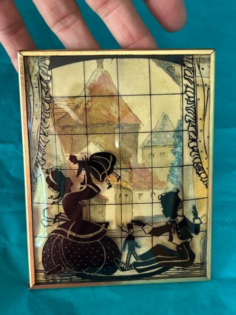 VTG ART DECO REVERSE PAINTING ON CONVEX BUBBLE GLASS CHILDREN AT PLAY SILHOUETTE