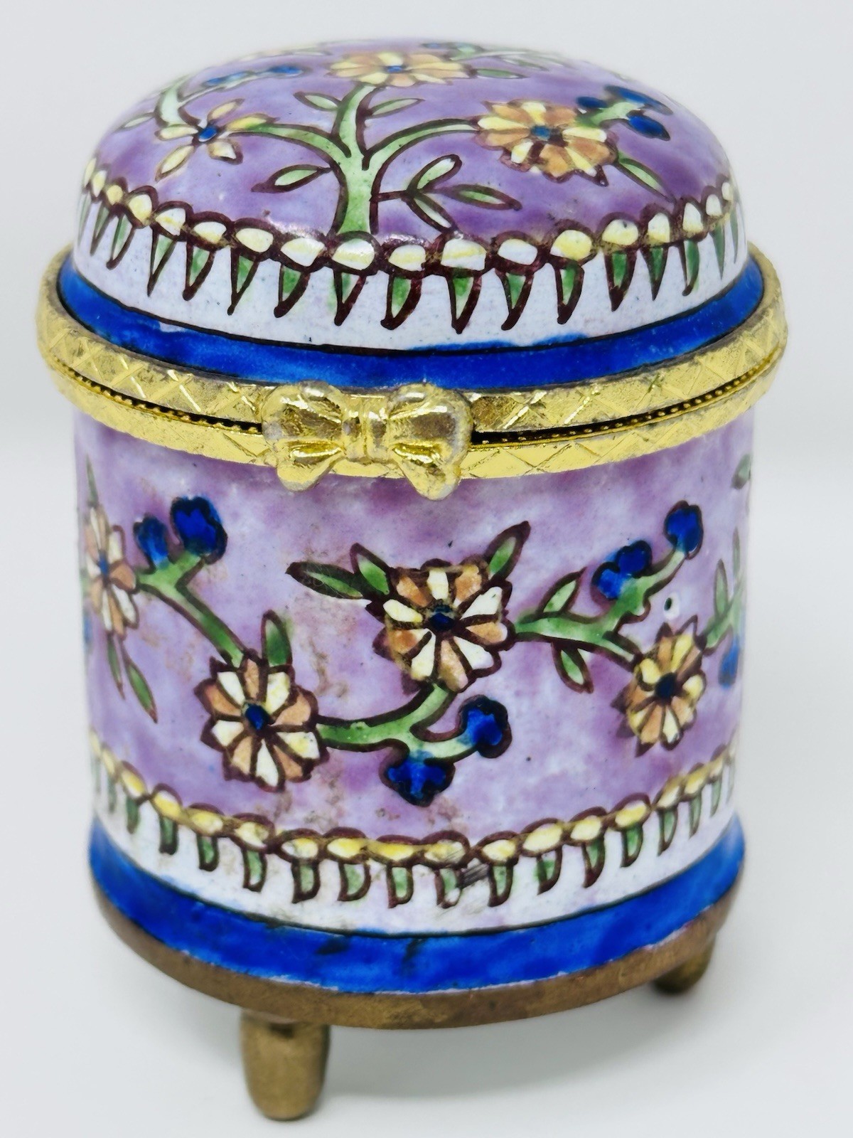 Empress Arts Enamel Floral Trinket Box Purple Blue Footed Hinged Bow Small