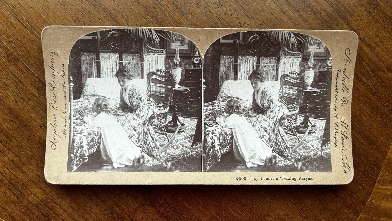 Antique Little Girl Prays in Victorian Bedroom Dressing Screen Stereoview Photo