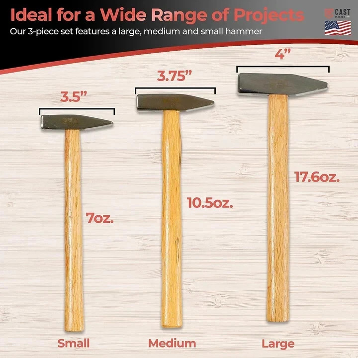 Steel Metal Hammer Set Wood Handle 3 Sizes Blacksmith Shape Design Cast Master