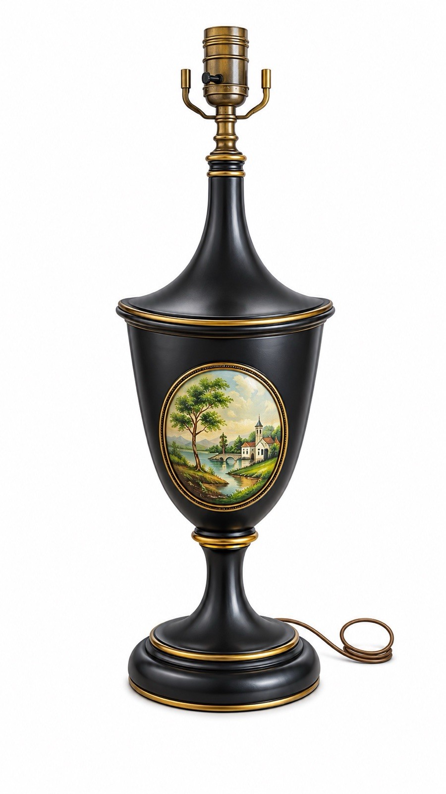Maitland-Smith Hand-Painted Pastoral Castle Scene Black Urn Table Lamp 24”