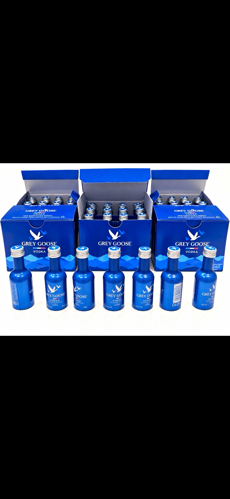 115 EMPTY Grey Goose 50mL Aluminum Mini Bottles + Boxes Collector Lot