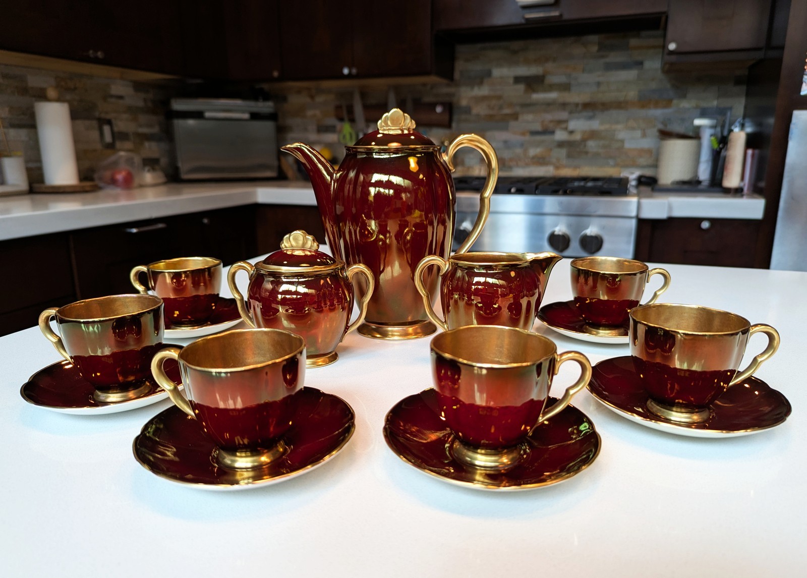 Vintage Carlton Ware Rouge Royale Coffee Set 15-Pc for 6 England c1950 Gilt Tea