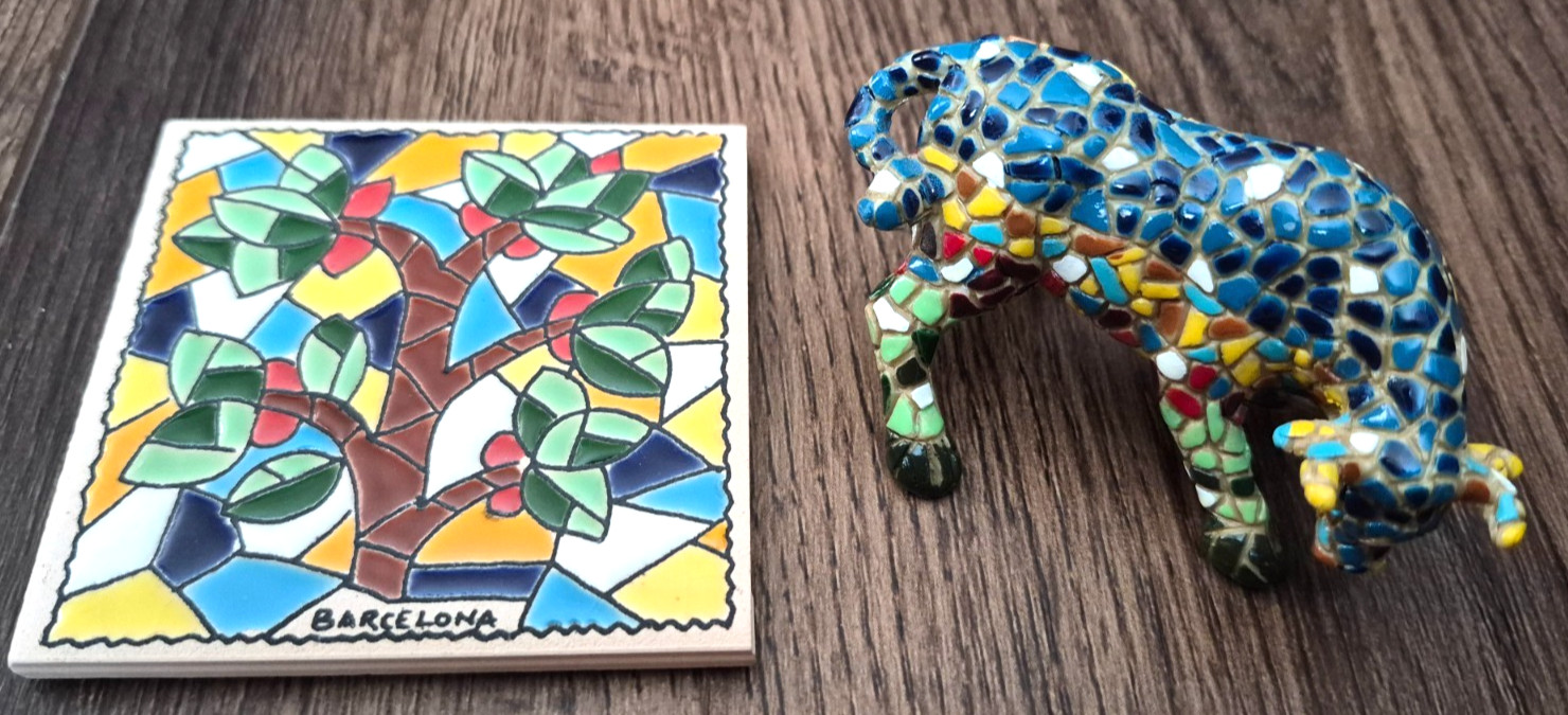 Spain Spanish Toro Barcino Mosaic Bull Figurine & Barcelona Mosaic Coaster VGUC