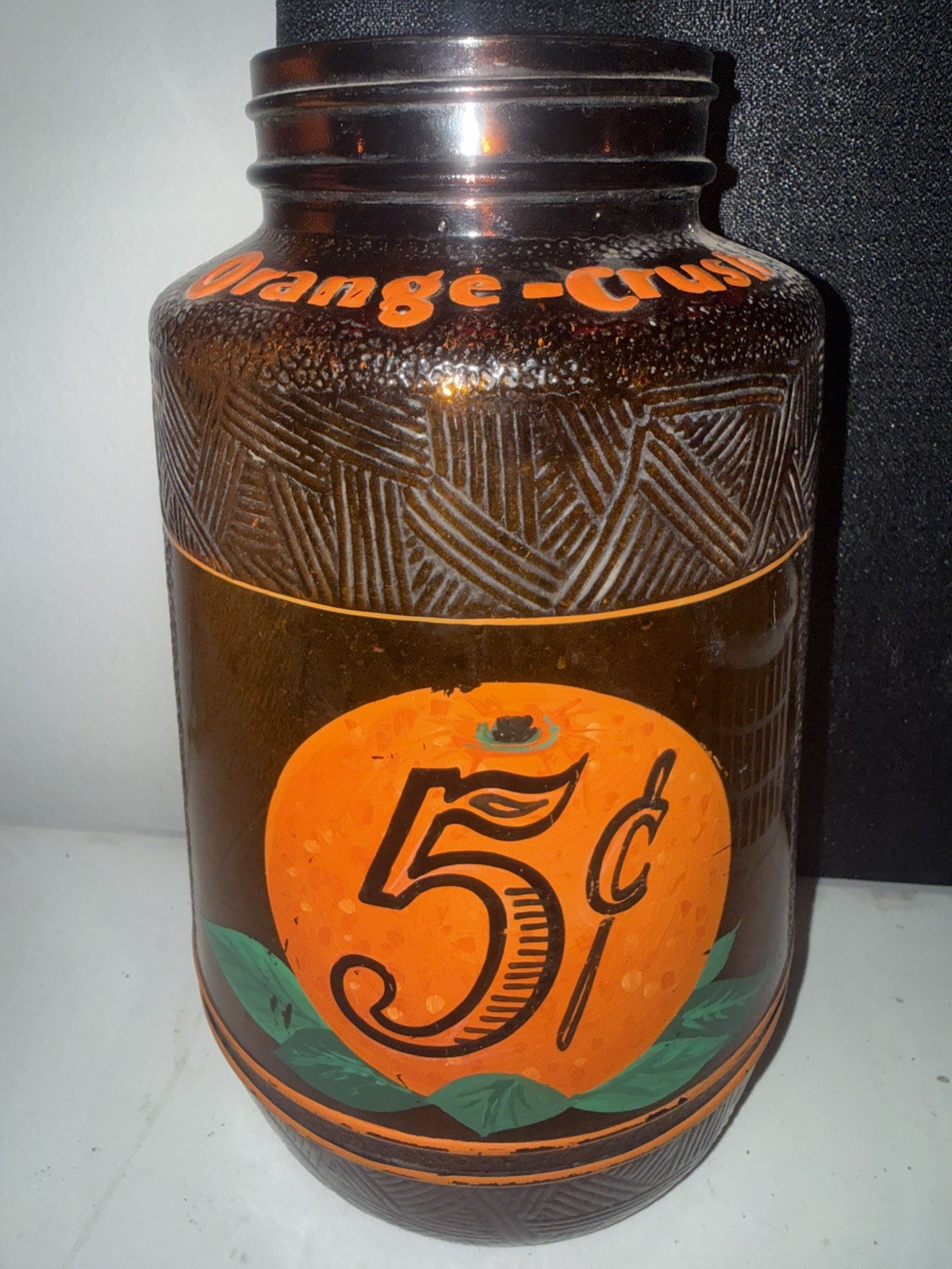 Antique Orange Crush amber glass dispenser jar LARGE soda drink logo