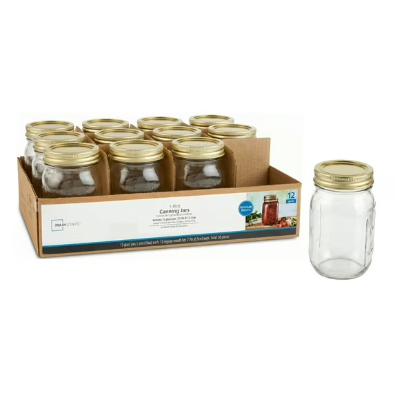 Mainstays Regular Mouth 16oz Mason Jars, 12 Pack Glass Canning Jars with Lids. Mainstays Regular Mouth 16oz Mason Jars, 12 Pack Glass Canning Jars with Lids.