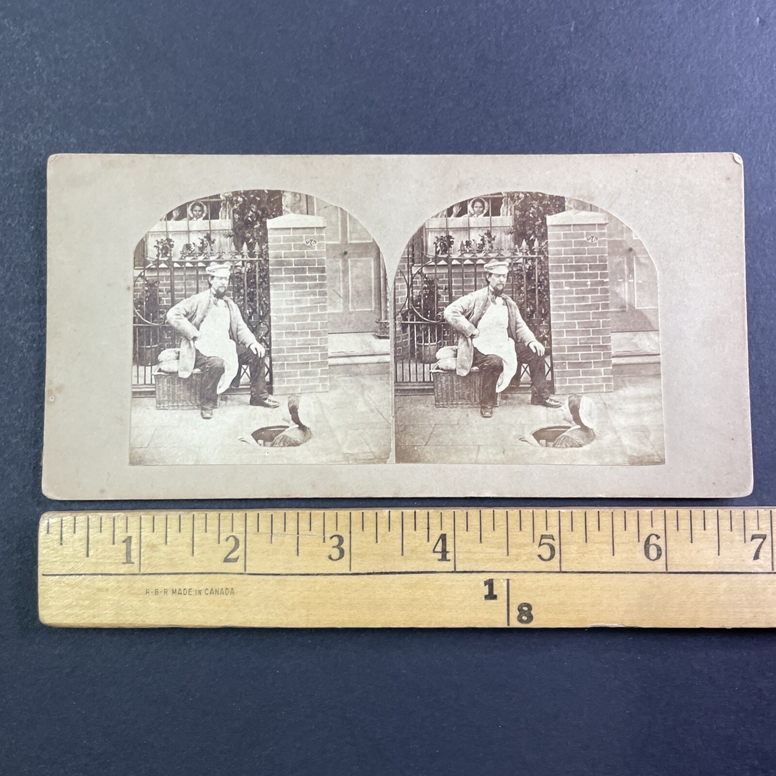 Humorous Stereoview Card Man & Woman Manhole Victorian 1870s Flat Mount