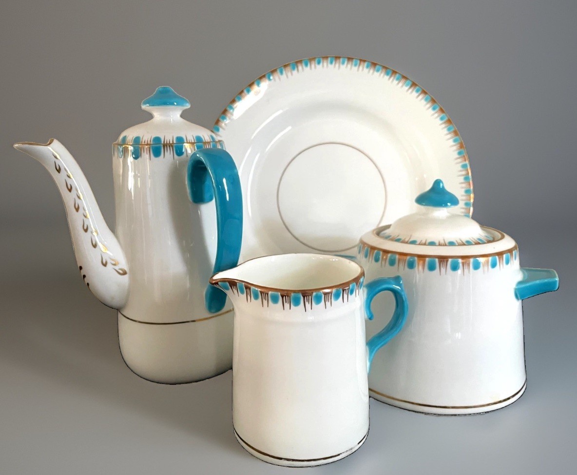 Antique W. A. Adderley Teapot Set & Plate White, Gold & Turquoise EUC