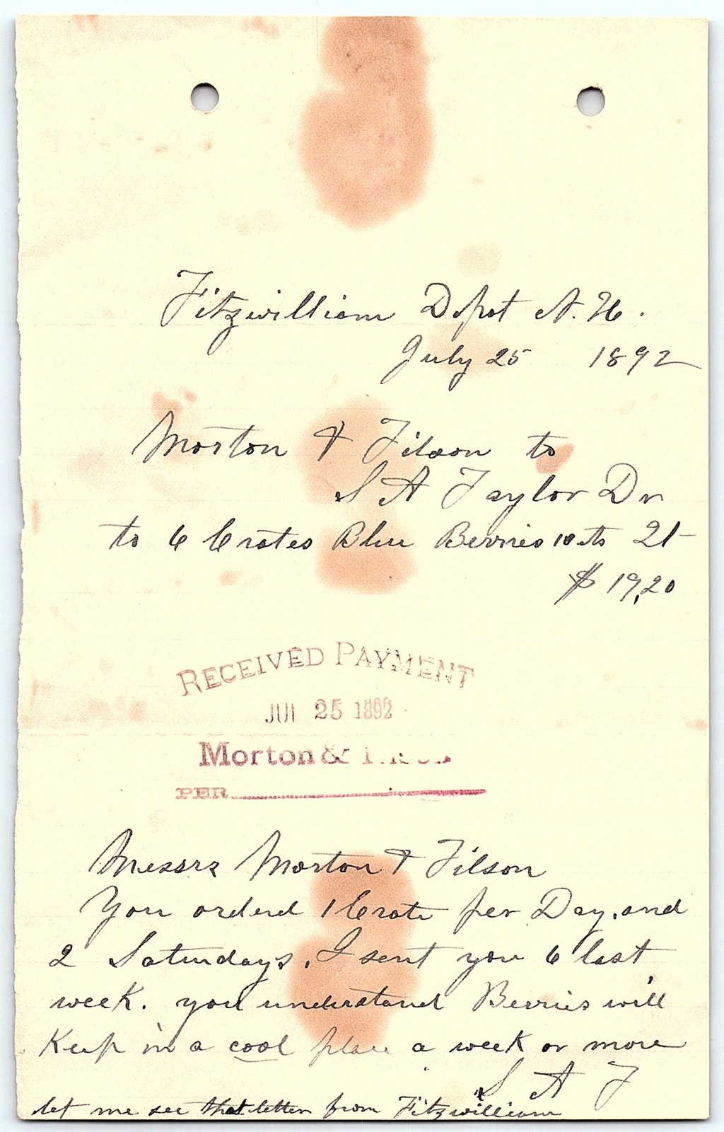 Vintage 1892 NH berry bill & letter (Morton & Filson)