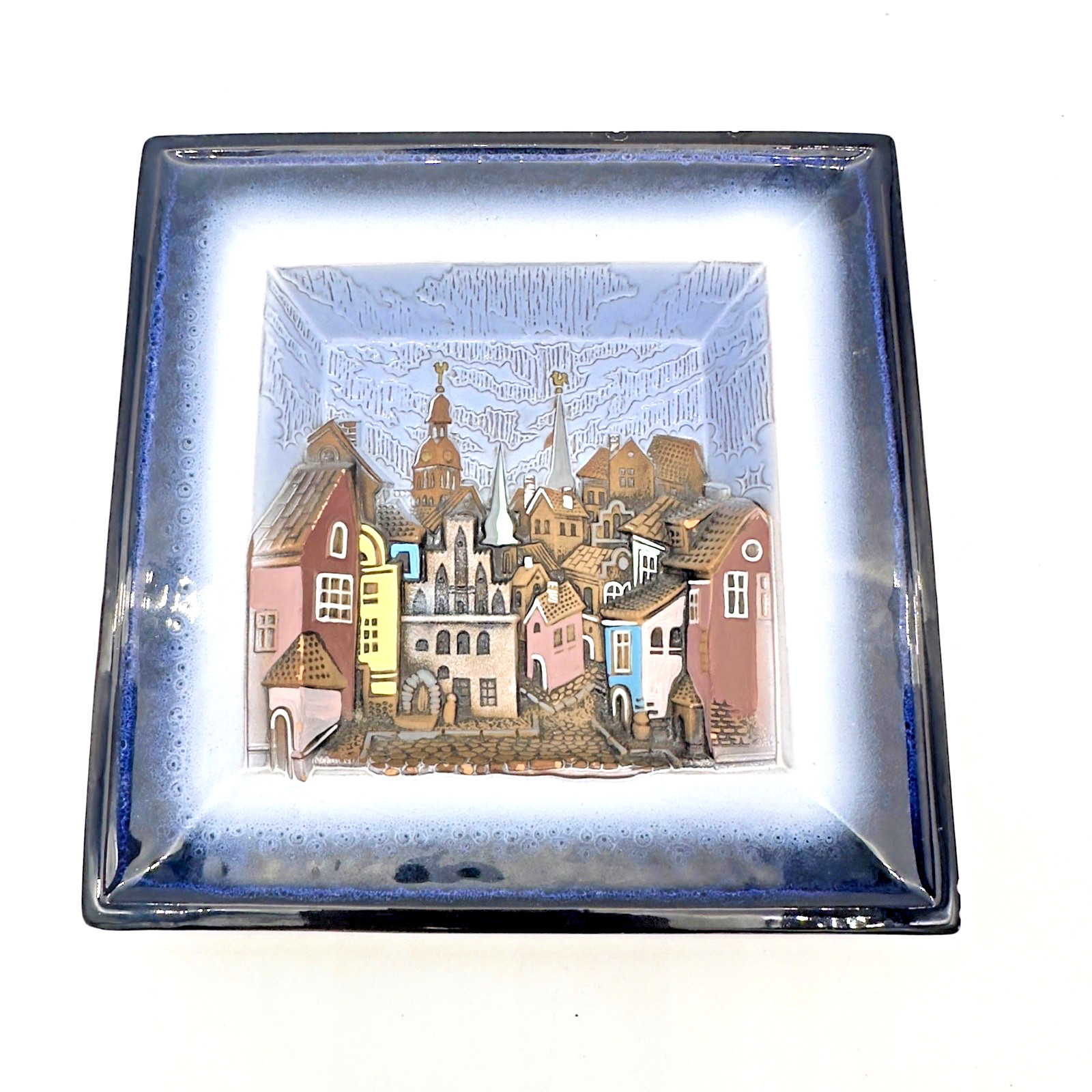 Vintage Latvian SIA “KLOTTE” Ceramic Wall Plaque • 3D Relief Town Scene • 8″ Sqr