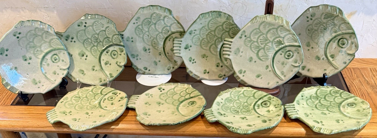 Set of 10 VTG Signed AV VIETRI ITALY 8.5” Hand Painted Green Ceramic Fish Plates