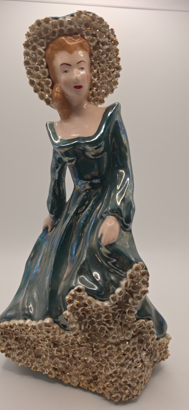 Vintage 1950s Era Figurine Lady in Teal Gown. Reproduction Of Florence Ceramics