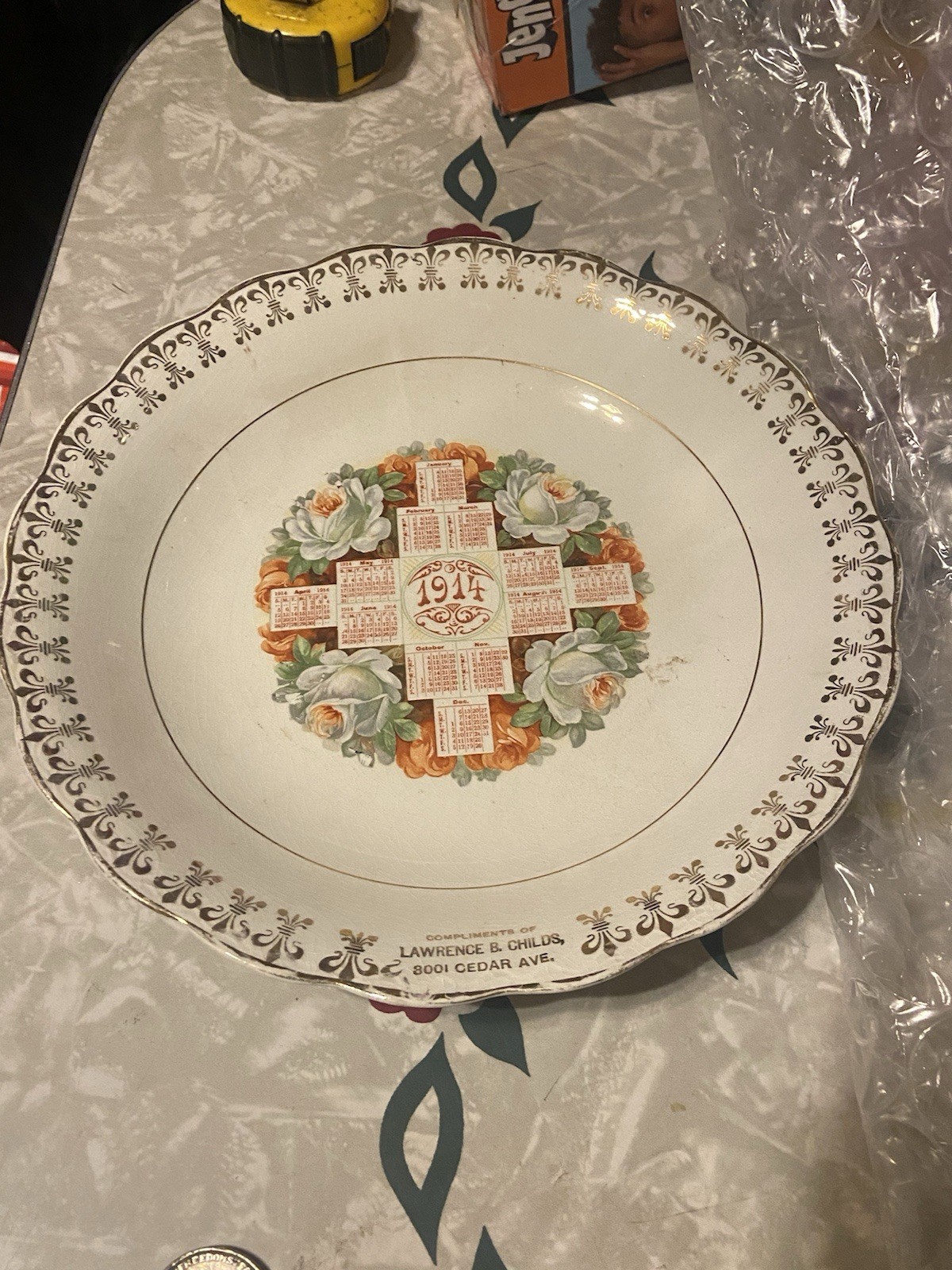 Carnation McNicol Calendar Plate 1914 Gold ADVERTISING Lawrence B Child’s