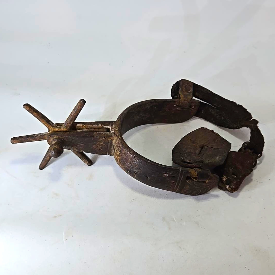 Antique Western Cowboy Spur 6 Point Rowel Engraved Iron Steel Leather Strap