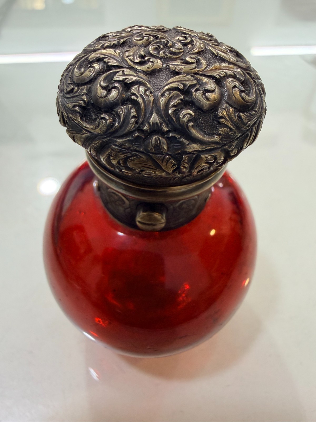 Antique Silver Top Button Hallmarked Cranberry Red Mordan & Co London Bottle
