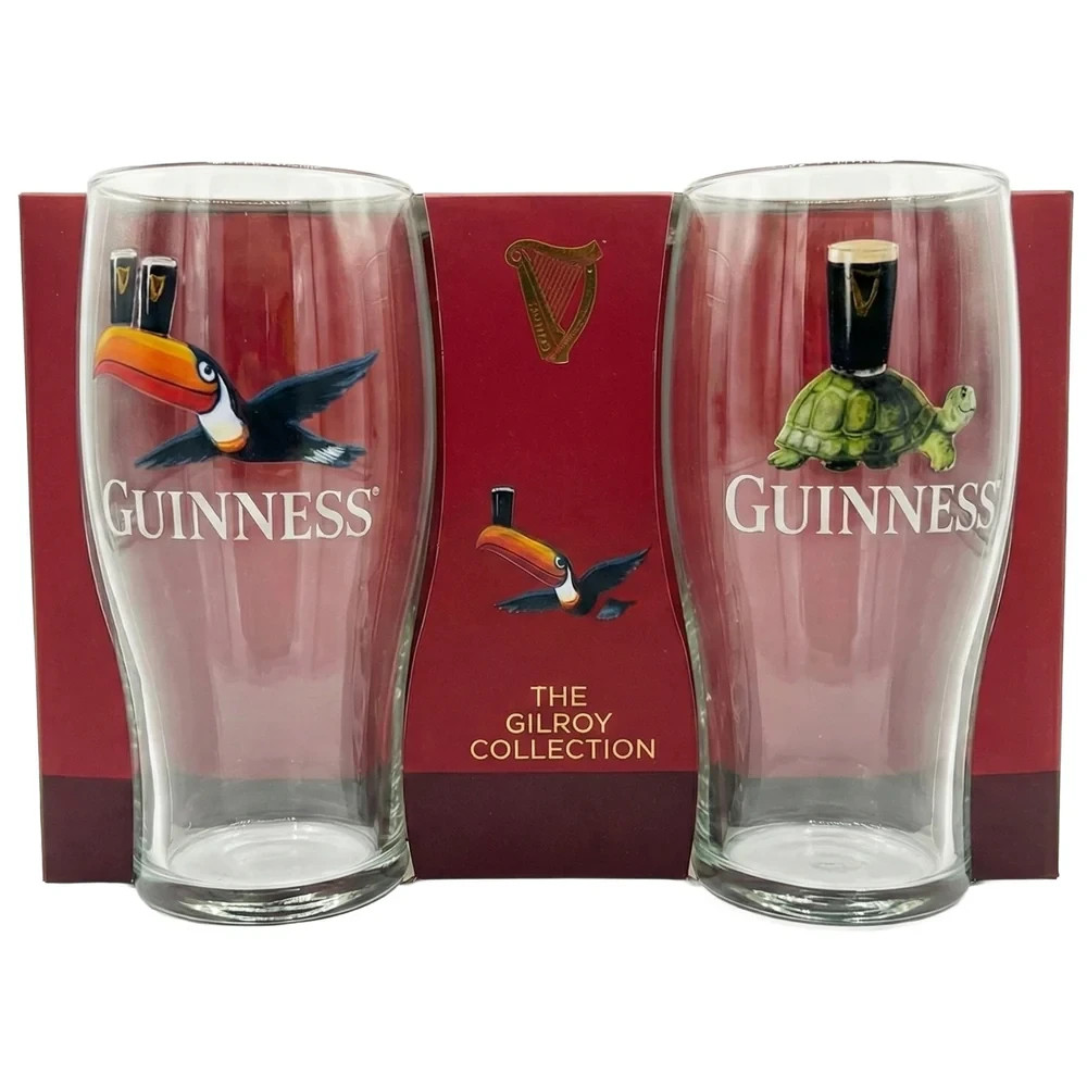 Guinness Gilroy Toucan Fling Bird & Tortoise Turtle Pint 20 oz Glass Set of 2