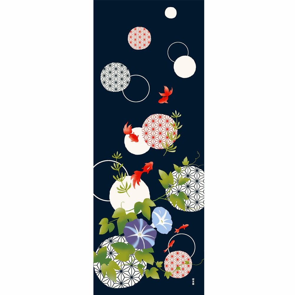 Hamamonyo Illustrated Hand Towel: Hemp Leaf and Goldfish  Made in Japan