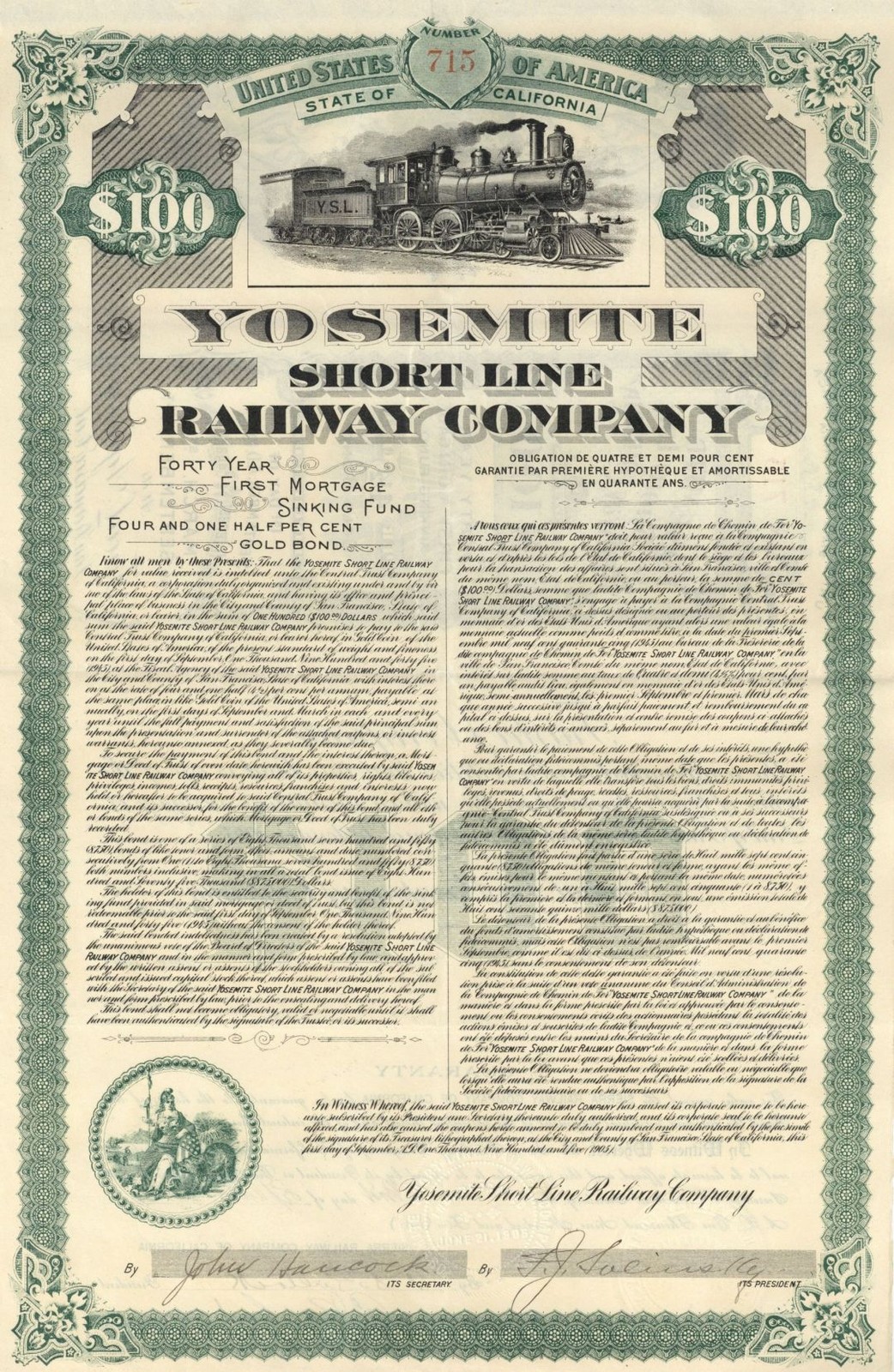 Yosemite Short Line Railway Co. - 1905 dated $100 California Railroad Bond Unc