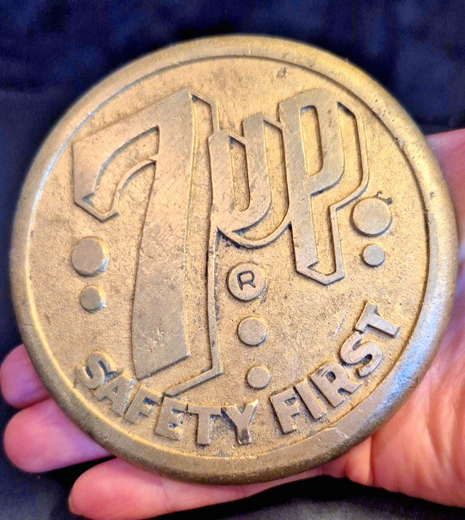 Vintage 1930’s 7UP Safety First Brass Sidewalk Street Marker 4” Soda Advertising