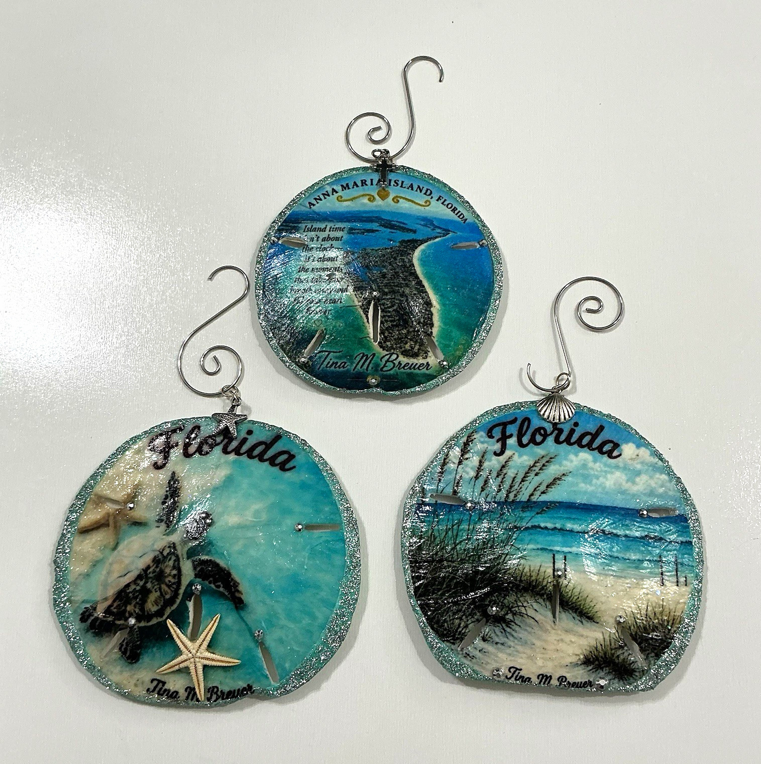 Set of 3 Florida Sand Dollar Ornaments Magnets Anna Maria Island Beach Handmade