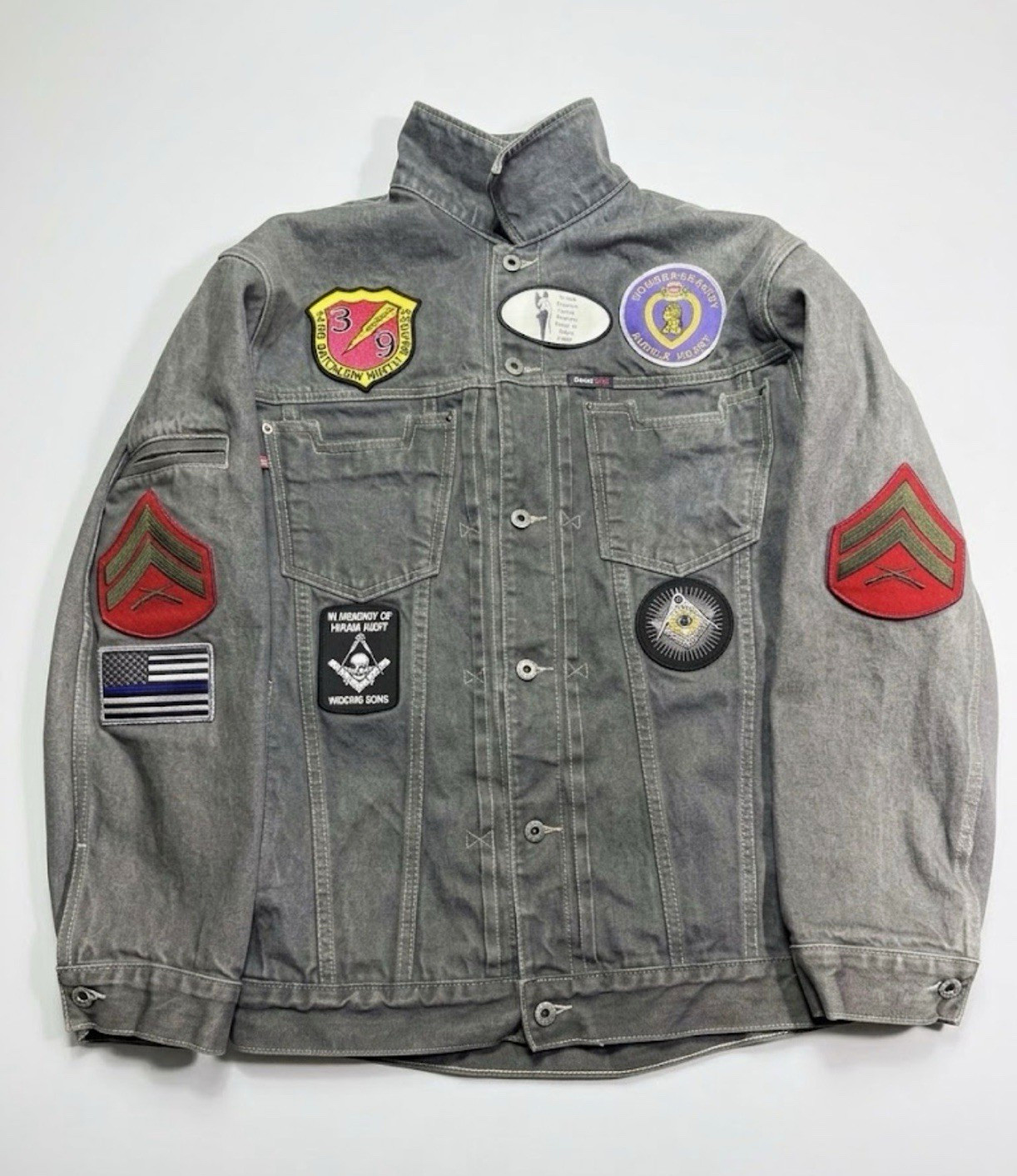 Vtg Schott NYC Denim Jacket L Grey USMC Marine Corps Semper Fi Masonic Custom