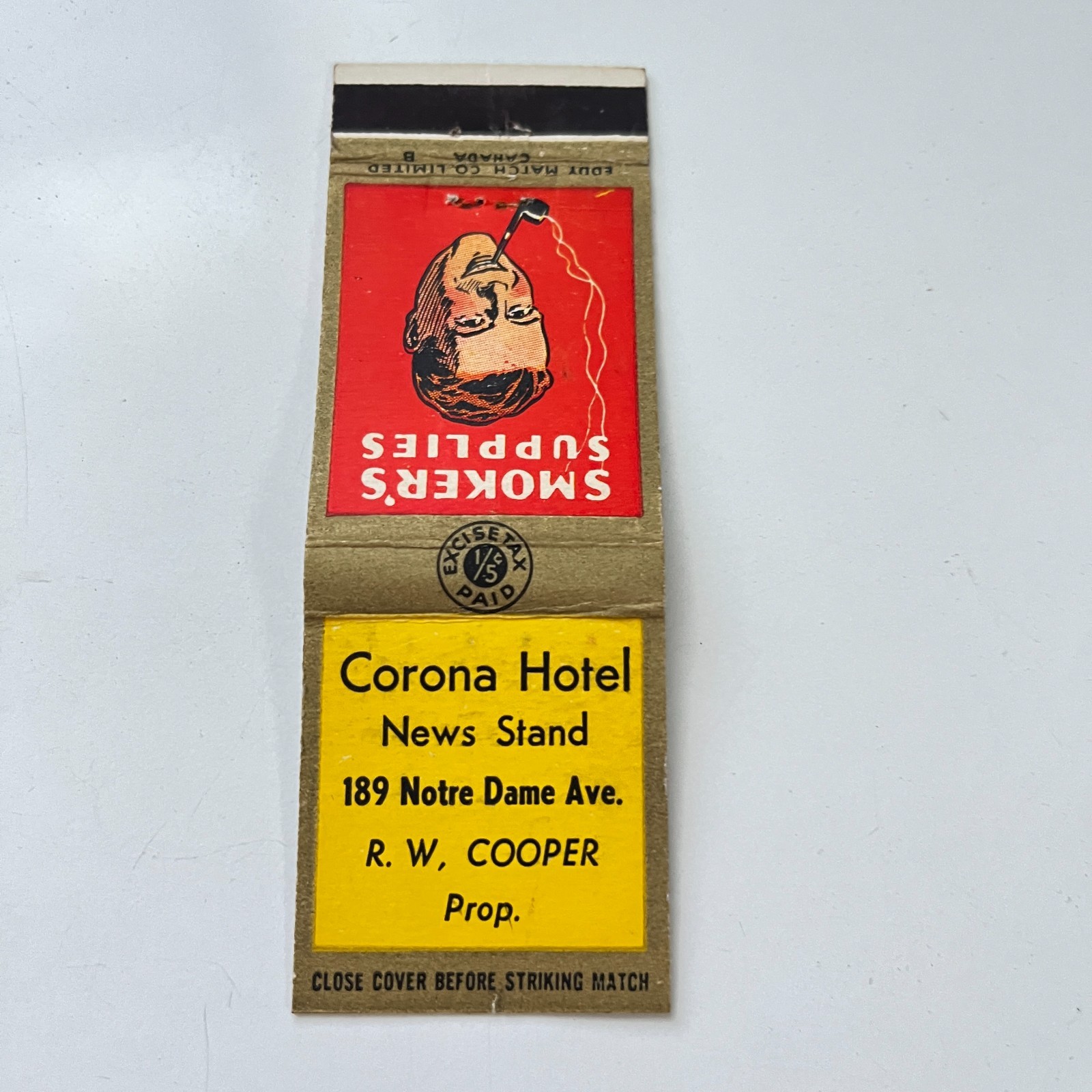 Corona Hotel News Stand RW Cooper Notre Dame Ave Vintage Matchbook Cover TMB95-3