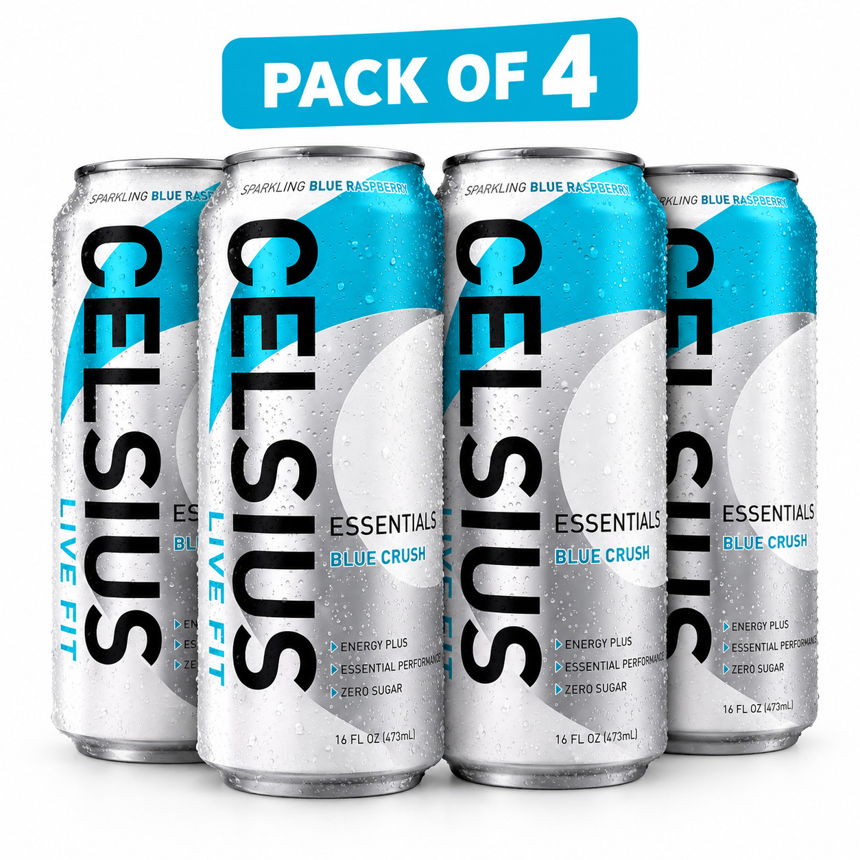 CELSIUS Essentials Blue Crush Energy Drink Blue Raspberry 16 fl oz 4 Cans